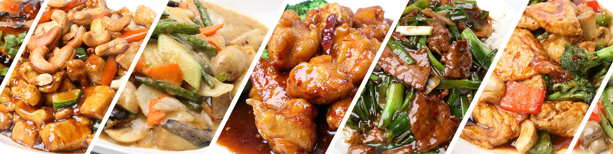Several plates of chinese food combined into one montage